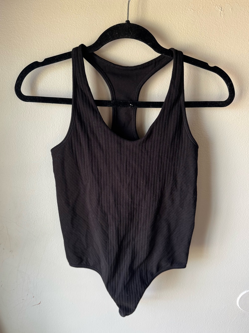 Athleta Black Ribbed Racerback Bodysuit Womens Size M Medium Thong